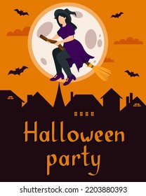 Halloween Party Invitation With Witch Flying On The Broom Vector Illustration In Flat Style