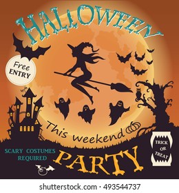 Halloween Party Invitation. Witch, ghost, bat, moon, and other items on Halloween theme. Happy Halloween Poster. Vector illustration