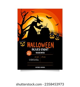 Halloween party invitation with a witch making a potion in full moon with pumpkins and bats. Vector template