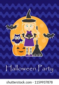 Halloween party invitation with witch, pumpkin, moon, owl and bats, design card, dark blue wave shevron background, vector illustration