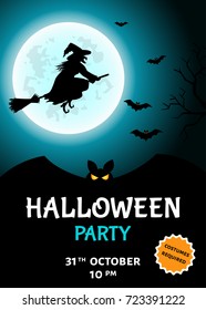 Halloween  party   invitation.  Witch  silhouette, broomstick, bat  and moon background.  Vector  template  for greeting  card, flyer.