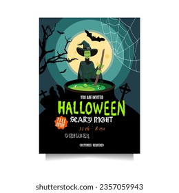 Halloween party invitation with a witch stirring a poition in cauldron in full moon. Vector template