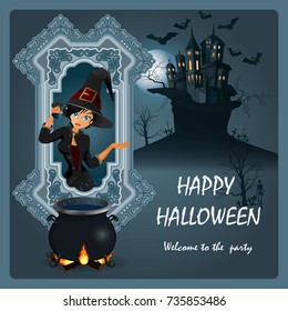 Halloween party invitation with witch. Vector illustration