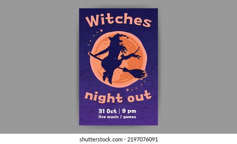 Halloween party invitation, witches night out, witch poster, orange purple background, witch silhouette 