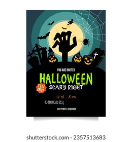 Halloween party invitation with a zombie getting out of a ground, graves, bats, pumpkins, a spider and witch in full moon. Vector template