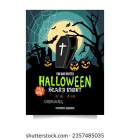 Halloween party invitation with a zombie gitting out of a coffin, graves, bats, pumpkins and a witch in full moon. Vector template