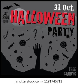 Halloween party invitation zombie hand with candy on scary background poster banner design