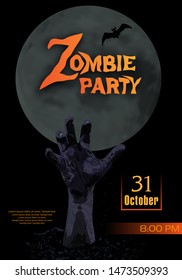 Halloween party invitation. Zombie hand rising out from the ground on the background of the full moon. Vector illustration.
