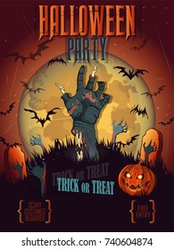 Halloween Party Invitation with zombie hand, bat, moon, and other items on Halloween theme. Happy Halloween Poster.