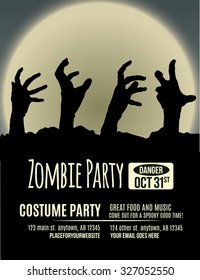 Halloween party invitation with zombie hands coming up out of the ground in front of a full moon.