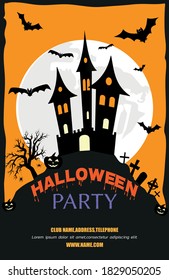  Halloween party invitation.Orange-black background with dark house, the moon,graveyard and bats.Place for your text.