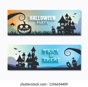 Halloween party invitations banner and greeting cards. Paper art background.