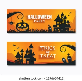 Halloween party invitations banner and greeting cards. Paper art background.