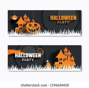 Halloween party invitations banner and greeting cards. Paper art background.