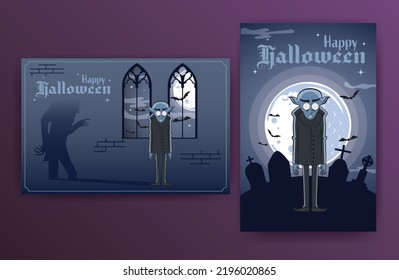 Halloween party invitations with a classical vampire, spooky art, All Hallows eve poster, purple background, big moon, night graveyard, owl, vector illustration