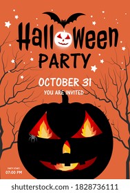 Halloween party invitations concepts for design banners and signs, with big black pumpkin and trees, Halloween text with bats on orange background, greeting cards calligraphy and traditional symbols.