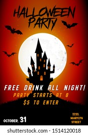 Halloween party invitations with dark castle on the full moon background