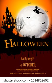 Halloween party invitations with flying witch and dark castle on the full moon background