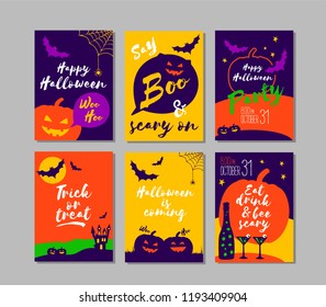 Halloween Party invitations, greeting cards, or posters Set with calligraphy, cutest pumpkins, bats  in night clouds and holiday phrases. Design template for advertising, web, social media. 