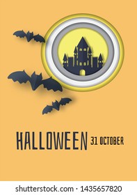  Halloween party invitations or greeting cards and poster  . Halloween background with bats and dark castle . Halloween party. Vector illustration.  paper cut and craft style .
