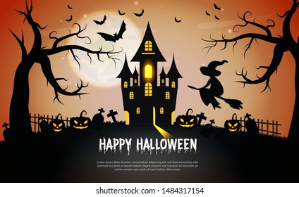 Halloween party invitations or greeting cards with pumpkins and dark castle on orange Moon background. Halloween lettering and traditional symbols. Vector illustration