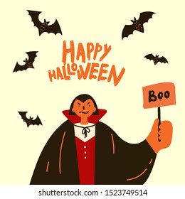 Halloween party invitations or greeting cards with handwritten calligraphy and traditional symbols.Poster with vampire in cloak and bats.Vector illustration