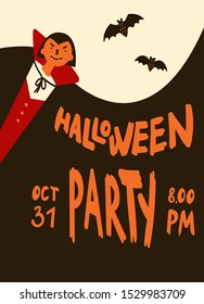Halloween party invitations or greeting cards with handwritten calligraphy and traditional symbols.Poster with vampire in cloak and bats.Vector illustration