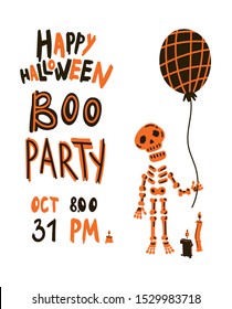 Halloween party invitations or greeting cards with handwritten calligraphy and traditional symbols.Poster with skeleton and balloon.Vector illustration