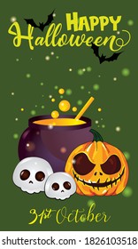 Halloween Party invitations, greeting cards, or posters with calligraphy, pumpkins, bats and skull. Design template for advertising, web, social media. 