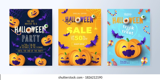 Halloween Party invitations, greeting cards, or posters Set with calligraphy, cutest pumpkins, bats, spiders and candy. Design template for Sale, advertising, web, social media. Paper cut style