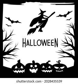 Halloween party invitations or greeting cards banner with traditional Halloween symbols. Flyer with place for text sample with texture in a simple grunge frame. Vector illustration in black and white