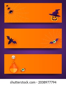 Halloween party invitations, greeting cards or posters. Set of cute pumpkins, bats and spiders. Design template for advertising, internet, social networks. Paper cut style