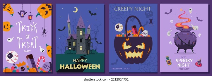 Halloween party invitations and greeting cards vector set.