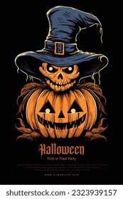 Halloween party invitations or greeting cards. Halloween pumpkins. Halloween Scary template, Witch, Pumpkins and Bats.