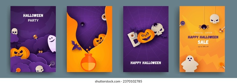 Halloween party invitations, greeting cards or posters. Set of cute pumpkins, bats and spiders. Paper cut style. Vector illustration