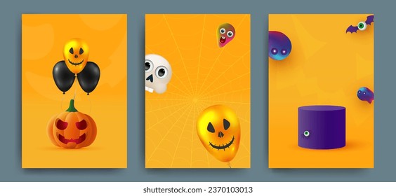 Halloween party invitations, greeting cards or posters. Set of cute pumpkins, ghosts and monsters. Design template for advertising, internet, social networks. Vector illustration