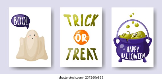 Halloween party invitations, greeting cards or posters. Halloween cards template. Set with calligraphy, a cute ghost and a cauldron with a magic potion. Vector illustration in flat style.