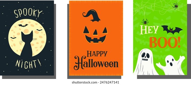 Halloween party invitations, greeting cards set or posters with pumpkins, bats, cat, spider and ghost in night clouds. Design template for advertising, web, social media