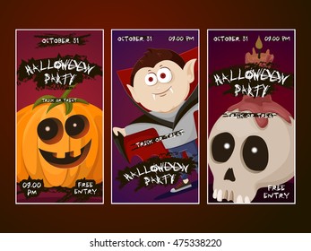halloween party invitations with pumpkin, vampire and skull images.