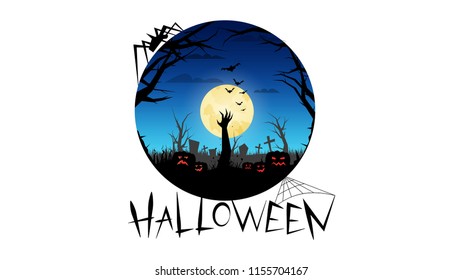 Halloween party. Invitations to Halloween. Silhouettes of pumpkins on a cemetery. Zombies. Vector illustration