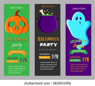 Halloween party invitations, vertical banners set, vector illustration. With pumpkin, ghost, pot