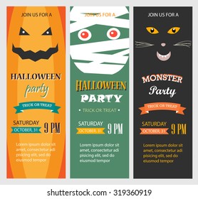 Halloween party invitations, vertical banners set, vector illustration. With pumpkin, mummy, wolf