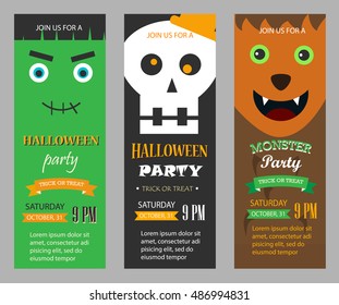 Halloween party invitations, vertical banners set, vector illustration. With skeleton, frankenstein, werewolf, monster