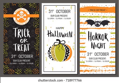 Halloween party invitations. Vertical banners set. Vector illustration. Design for holiday poster