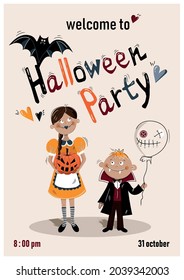 Halloween party invitations, with witch girl and vampire boy, pumpkin and bat. Design template