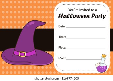 Halloween party invite. Cartoon witch hat with magic potion. Vector illustration.