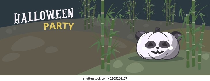 Halloween Party Invite Or Greeting Postcard. Cute Halloween Pumpkin Like A Panda Bear And Bamboo Forest For Your Halloween Background, Game Location, Postcard, Poster, Invite, Banner Or Stickers.