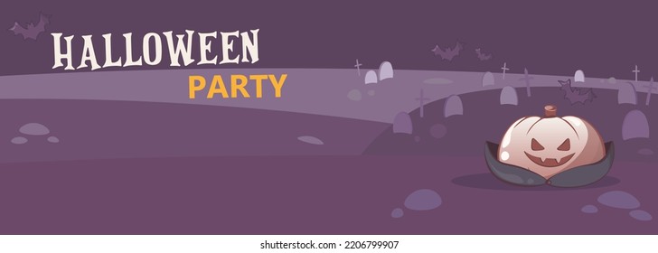 Halloween Party Invite Or Greeting Postcard. Halloween Pumpkin Like A Vampire On A Graveyard For Your Halloween Background, Game Location, Postcard, Poster, Invite, Banner Or Stickers