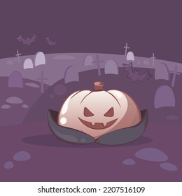 Halloween Party Invite Or Greeting Postcard. Halloween Pumpkin Like A Vampire On A Graveyard For Your Halloween Background, Game Location, Postcard, Poster, Invite, Banner Or Stickers.