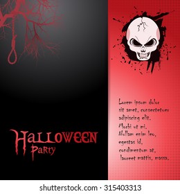 Halloween Party Invite on Red and Black with Skull Hanging Robe Tree and Text